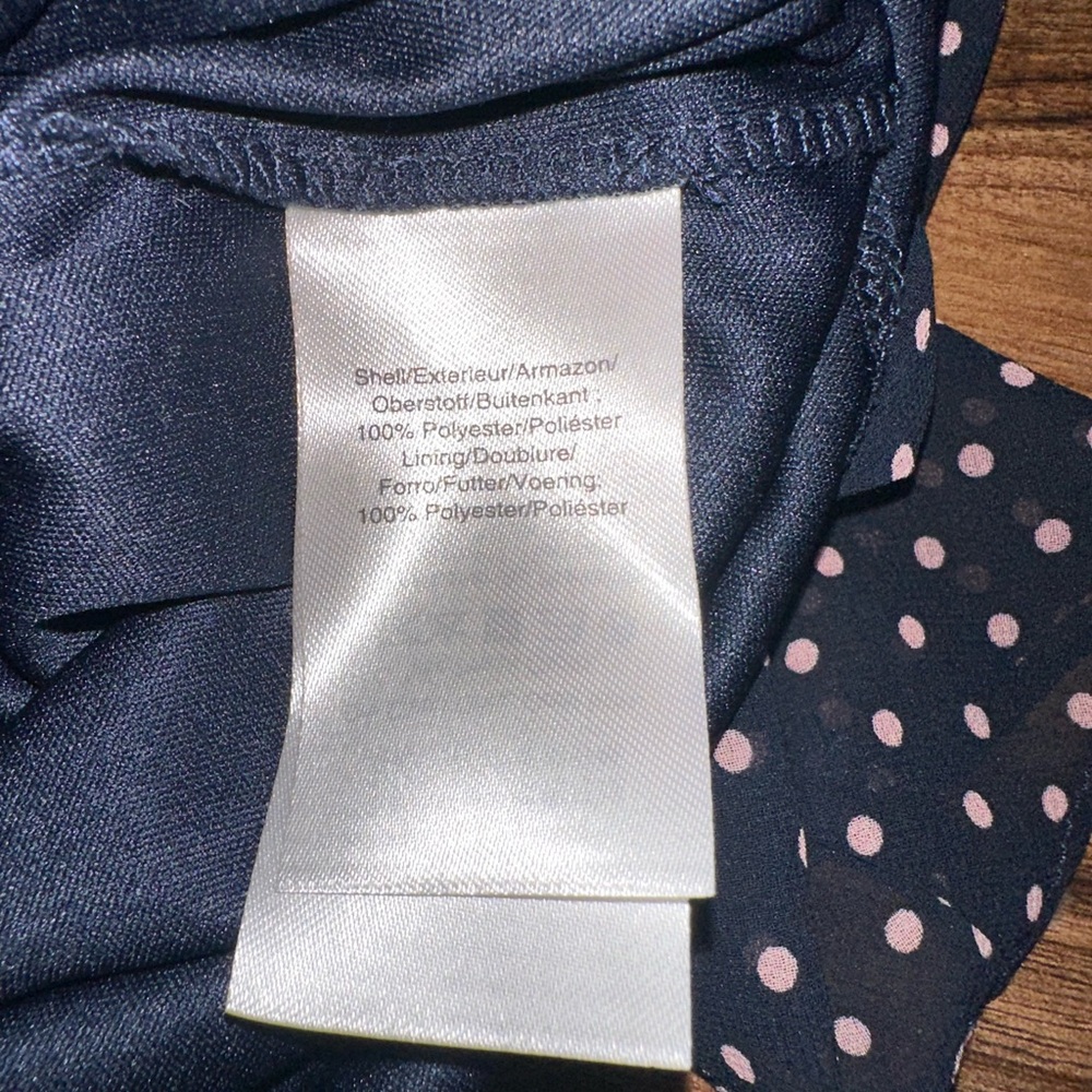 DKNY Navy Pink Polka Dot Sheer Faux Wrap Dress - Picture 5 of 6
